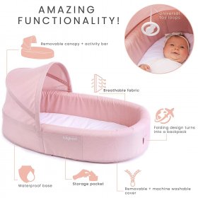 Lulyboo to-Go Baby Lounge - On The Go Baby Lounger Backpack - Combines Crib, Playpen and Changing Station, Blush