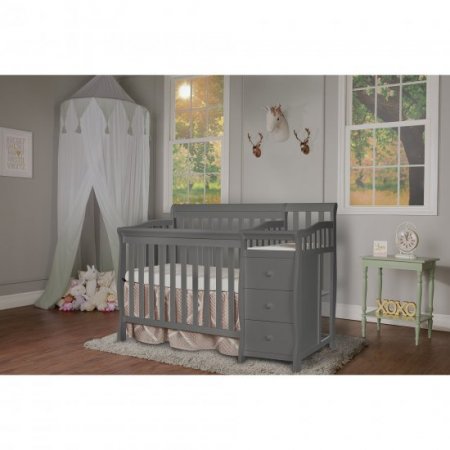 Dream On Me Jayden 4-in-1 Convertible Mini Crib and Changer - Bed frame and Mattress not included, Storm Gray