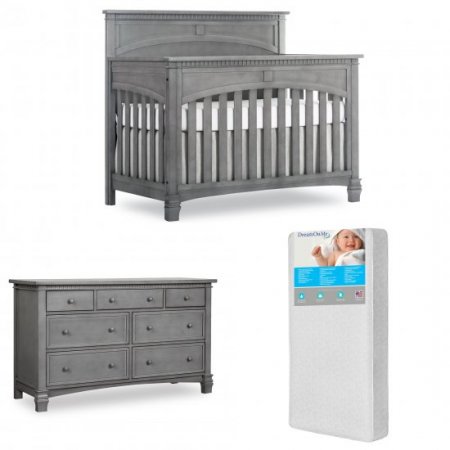 evolur Santa Fe 5-in-1 Convertible Crib and Double Dresser in Storm Grey with FREE 260 Coil Crib and Toddler Mattress