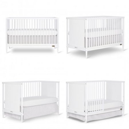 Dream On Me Clover 4 In 1 Modern Island crib With Rounded Spindles I Convertible Crib I Mid- Century Meets Modern I Coordinates With The Clover Changing Table In White Finish