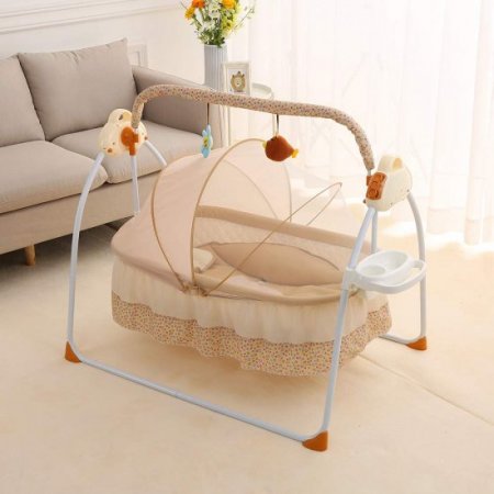 OUKANING Khaki Electric Cradle Foldable Baby Swings Bed with Safety Belt Infant Automatic Intelligent Sleeping Bassinet with Music