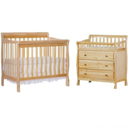 Mini Baby Crib with 3 Drawer Changing Table Dresser Set in Natural