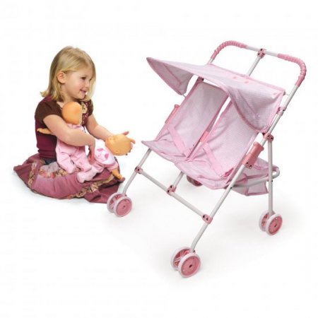 Badger Basket Folding Double Doll Umbrella Stroller - Pink/Gingham -