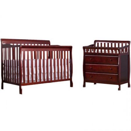 Baby Crib with Changing Table Dresser 2 Piece Set in Cherry