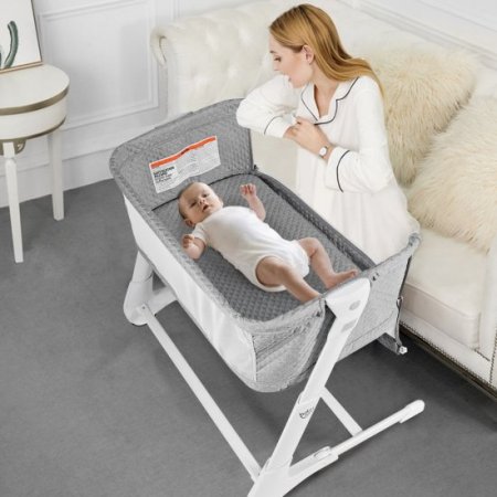 Costway Babyjoy Baby Side Bassinet Bedside Sleeper Washable Mattress Height Adjustable Grey