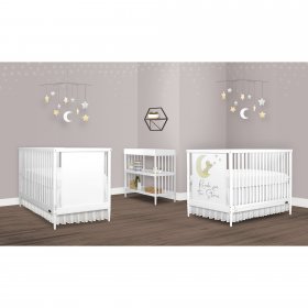 Dream On Me Moon Bear Reaching For The Stars 4 In 1 Modern Island crib With Rounded Spindles I Convertible Crib I Hand Printed Mural On One End Panel I Mid- Century Meets Modern in White Finish