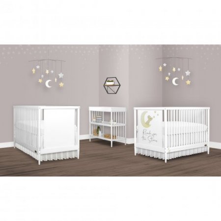 Dream On Me Moon Bear Reaching For The Stars 4 In 1 Modern Island crib With Rounded Spindles I Convertible Crib I Hand Printed Mural On One End Panel I Mid- Century Meets Modern in White Finish