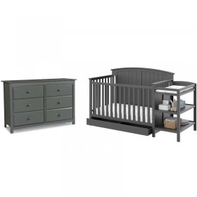 Baby Crib with Changing Table and 6 Drawer Double Dresser Set in Slate Gray