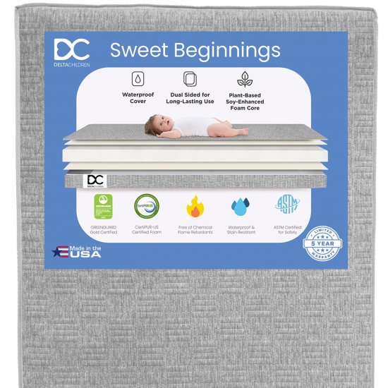 Delta Children Sweet Beginnings Mattress for Toddler Bed, Baby Crib or Baby Bed, Dual-Sided Nap Mat and Crib Mattress with Waterproof Cover, GREENGUARD Gold and CertiPUR-US Certified, 5-Year Warranty