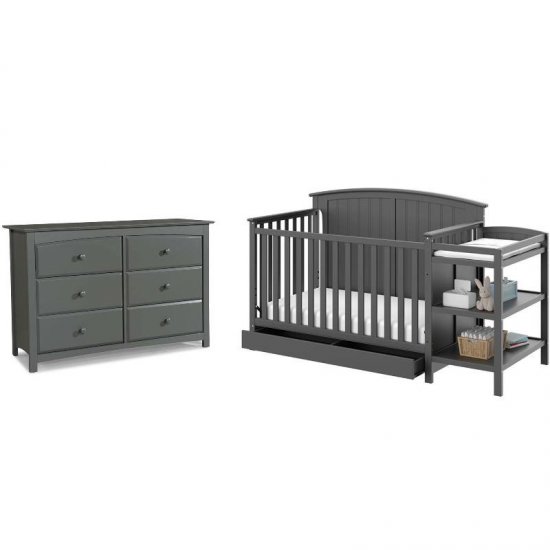 Baby Crib with Changing Table and 6 Drawer Double Dresser Set in Slate Gray