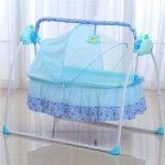 OUKANING Baby Crib Cradle USB Port Timer Folding Auto-Swing Rocking Bassinet Mosquito Net Bluetooth 3 Gears Adjustable W/RC Blue