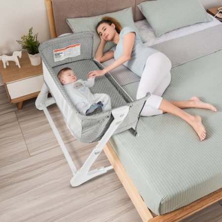 Costway Babyjoy Baby Side Bassinet Bedside Sleeper Washable Mattress Height Adjustable Grey