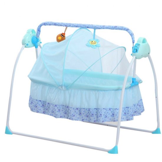 OUKANING Baby Crib Cradle USB Port Timer Folding Auto-Swing Rocking Bassinet Mosquito Net Bluetooth 3 Gears Adjustable W/RC Blue