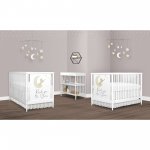 Dream On Me Moon Bear Reaching For The Stars 4 In 1 Modern Island crib With Rounded Spindles I Convertible Crib I Hand Printed Mural On One End Panel I Mid- Century Meets Modern in White Finish