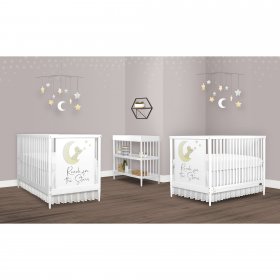 Dream On Me Moon Bear Reaching For The Stars 4 In 1 Modern Island crib With Rounded Spindles I Convertible Crib I Hand Printed Mural On One End Panel I Mid- Century Meets Modern in White Finish