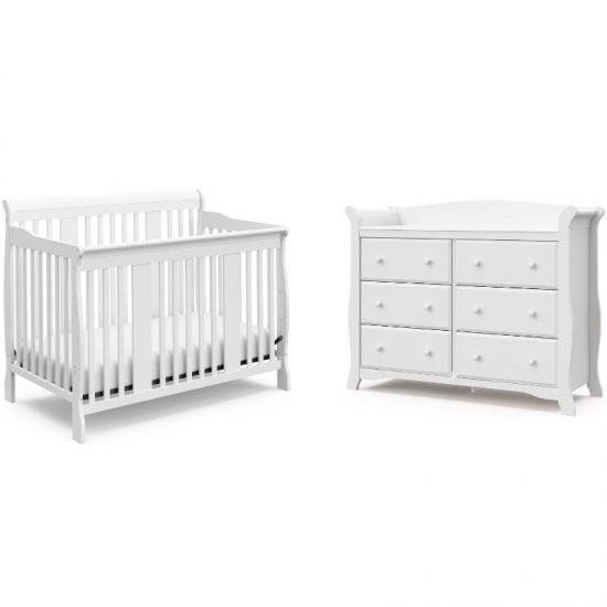 4-in-1 Convertible Baby Crib and 6-Drawer Double Dresser Set in Pure White