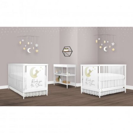 Dream On Me Moon Bear Reaching For The Stars 4 In 1 Modern Island crib With Rounded Spindles I Convertible Crib I Hand Printed Mural On One End Panel I Mid- Century Meets Modern in White Finish