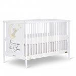 Dream On Me Moon Bear Reaching For The Stars 4 In 1 Modern Island crib With Rounded Spindles I Convertible Crib I Hand Printed Mural On One End Panel I Mid- Century Meets Modern in White Finish