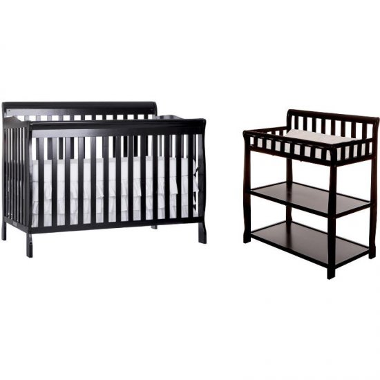 Baby Crib with Changing Table 2 Piece Set in Black