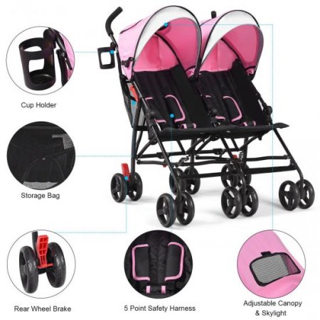 Baby Joy Foldable Twin Baby Double Stroller, Pink