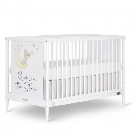 Dream On Me Moon Bear Reaching For The Stars 4 In 1 Modern Island crib With Rounded Spindles I Convertible Crib I Hand Printed Mural On One End Panel I Mid- Century Meets Modern in White Finish