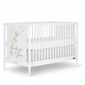 Dream On Me Moon Bear Reaching For The Stars 4 In 1 Modern Island crib With Rounded Spindles I Convertible Crib I Hand Printed Mural On One End Panel I Mid- Century Meets Modern in White Finish