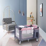 Bedside Bassinet Cribs, Portable Toddler Playpen Travel Crib, Foldable Baby Cradle Sleeper with Bassinet Includes Mattress, Diaper Changing Table, Removable Wheels, Hanging Toys